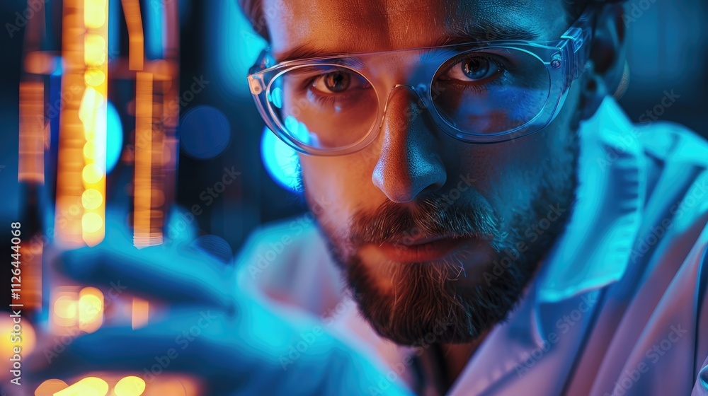 Poster engineer holding a microchip under bright tech-themed lighting.