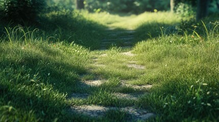Autumn park trail surrounded by lush green grass and soft sunlight illuminating the serene natural landscape