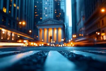 Fototapeta premium A low-angle view of a city street at dusk, showcasing tall buildings and illuminated traffic lights, creating a vibrant urban atmosphere.