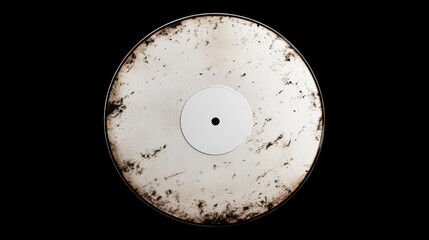Overhead view of a vintage, worn blank vinyl record on a solid black background, ideal for text overlay or graphic design projects, music, retro, mockup template, space for customization.