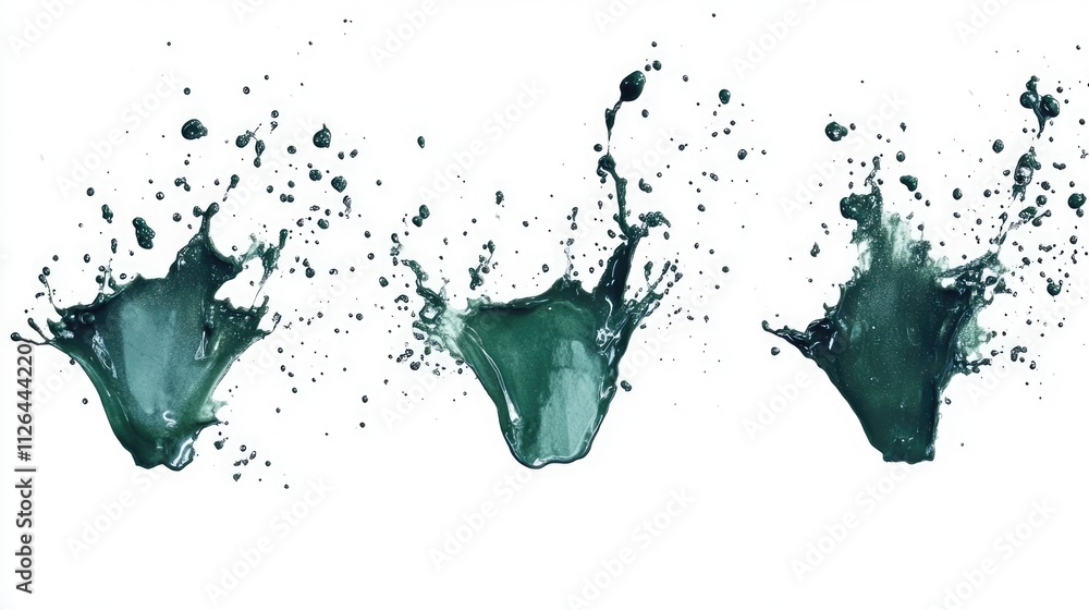 Poster green paint splashes with dynamic movement on a clean white background for artistic and creative des