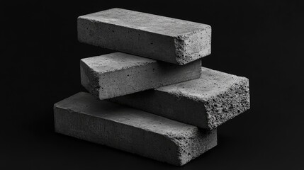 Grey concrete spacers stacked on a black background showcasing texture and industrial design elements in minimalist style