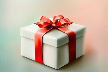 Obraz premium A white gift box with a simple red ribbon, placed against a soft pastel backdrop