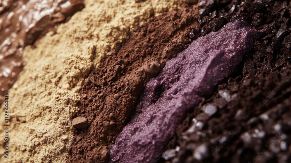 Poster closeup of assorted chocolate cookie textures showcasing cocoa powder and cookie crumbs in various r