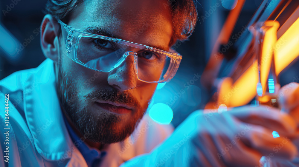 Aufkleber engineer holding a microchip under bright tech-themed lighting.