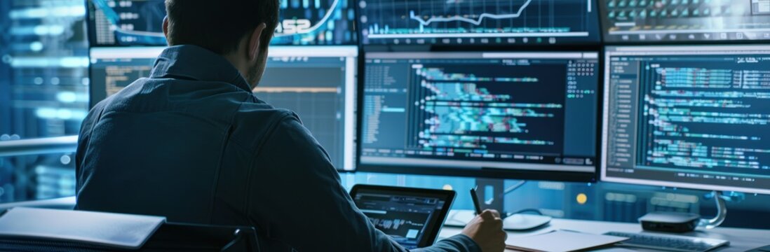 Software developer and a man at computer for coding script or cyber security in office.