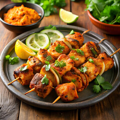 sizzling plate of chicken tikka kebabs, garnished with fresh lemon