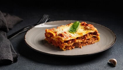  Piece of tasty hot lasagna on a plate.