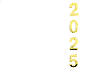 Gold 2025 numerals on a white background. 2025 New Years Eve Celebration, Holiday background Happy New Year 2025. Numbers of year 2025, celebrating New Year holiday, Space for text