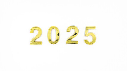 Gold 2025 numerals on a white background. 2025 New Years Eve Celebration, Holiday background Happy New Year 2025. Numbers of year 2025, celebrating New Year holiday, Space for text