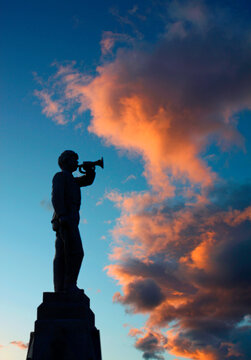 Gettysburg battlefield .The monument to the 153rd Pennsylvania Infantry Regiment located on Barlow Knoll. It has  stature of a a bugler on top of the monument.. American civil war. 