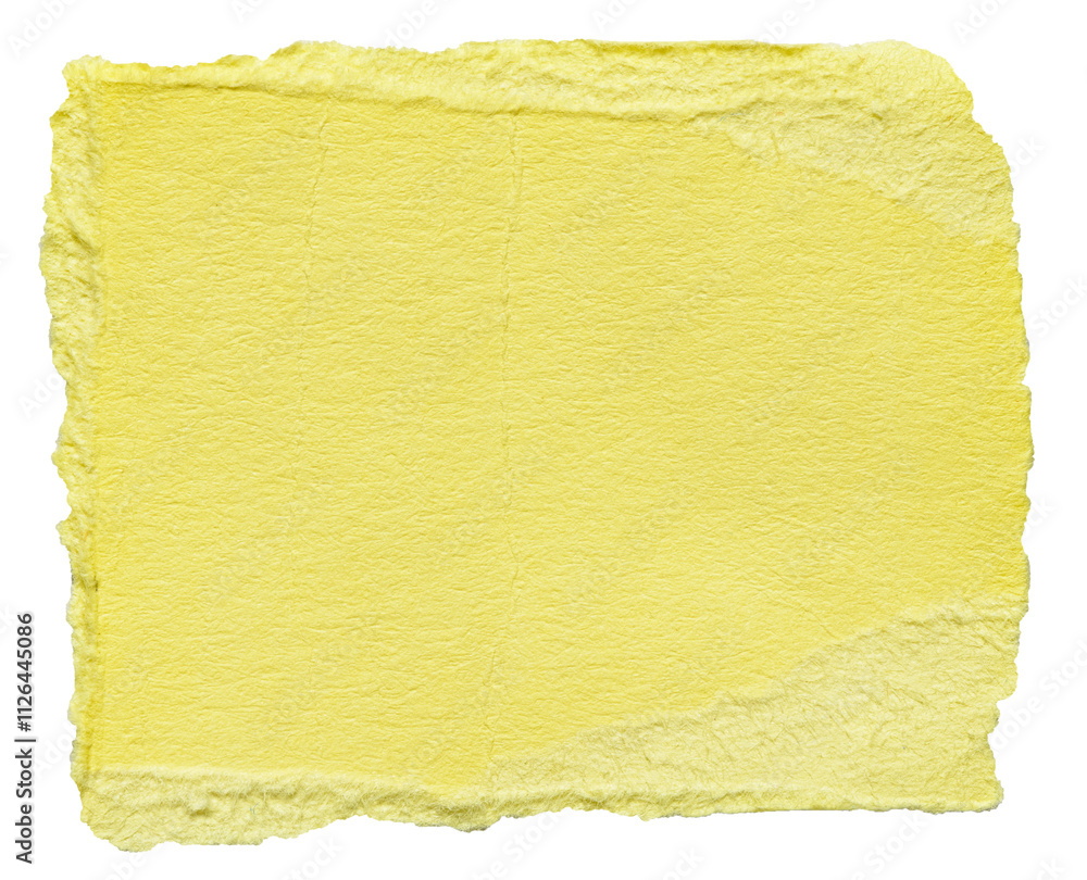 Poster yellow isolated cut out torn piece of blank paper note cardboard with texture and copy space for tex