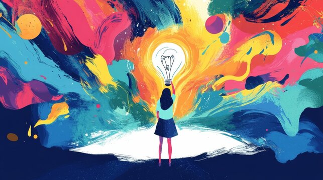 Woman holds glowing lightbulb, vibrant abstract background.