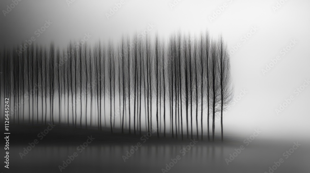 Poster serene monochrome forest with tall trees creating a tranquil atmosphere in black and white