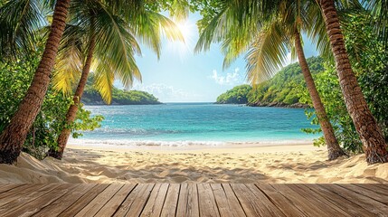 Tropical Beach Paradise Sunny Coastline Palm Trees Wooden Deck