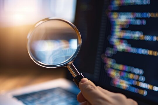 Computer Language back-end code zoomed through a magnifier. Computer programming source code lookup. Abstract screen of web developer.