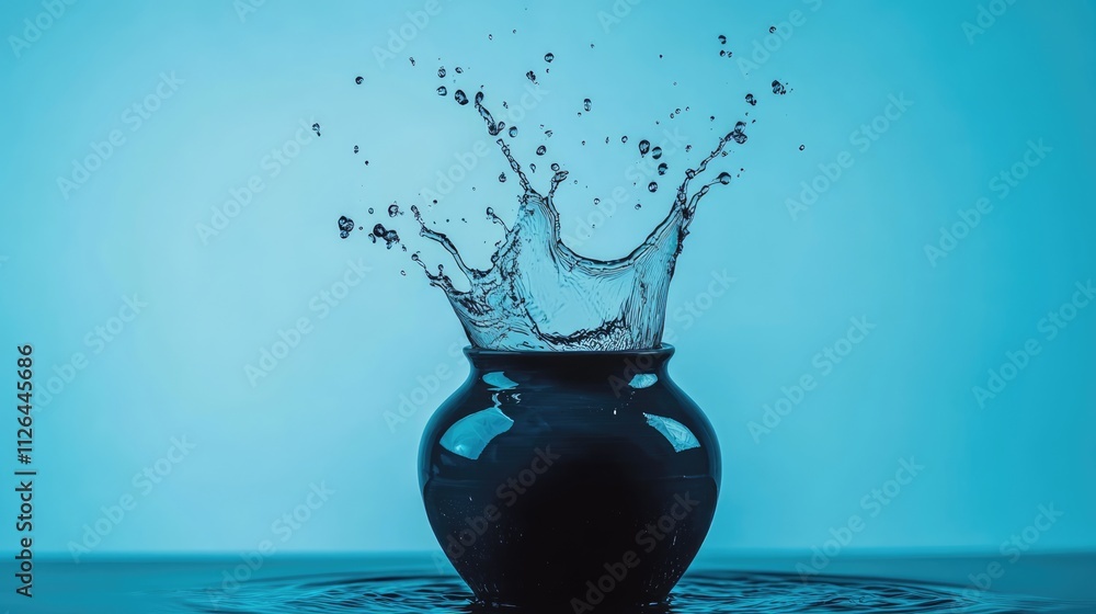 Aufkleber fallen round vase creating a water splash against a soothing blue background emphasizing motion and 