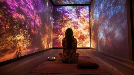 Fototapeta premium Woman meditates; immersive nature projections.