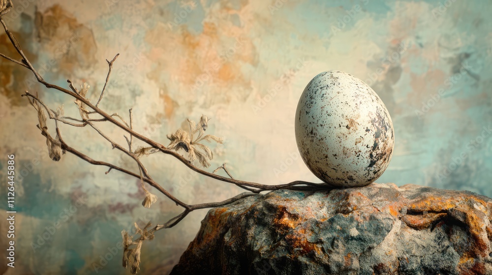 Poster elegant egg resting on textured rock with delicate branch on a soft artistic backdrop showcasing nat
