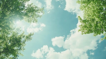 Obraz premium Lush green trees framing a serene cloudy blue sky with soft sunlight filtering through the foliage creating a tranquil natural scene