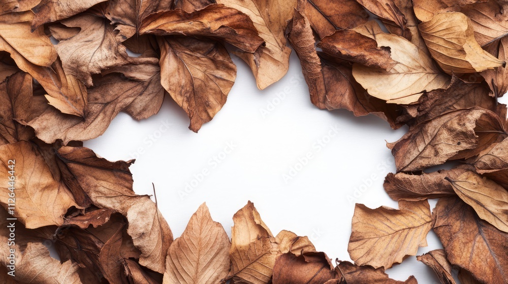 Poster dried autumn leaves arranged in a circular frame on a clean white background creating a natural rust