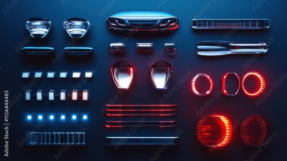 Poster an arrangement of various led car headlights and tail lights on a dark surface, showcasing their des