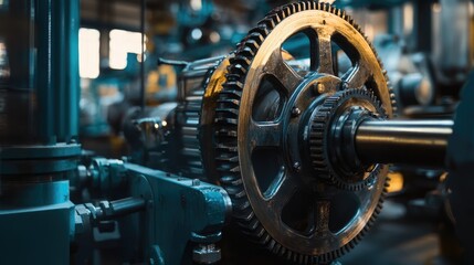 Fototapeta premium Industrial machinery components with gears and motors in a manufacturing facility, showcasing production technology and engineering design.