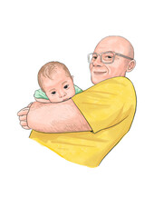 Grandfather with grandkid boy baby watercolor illustration