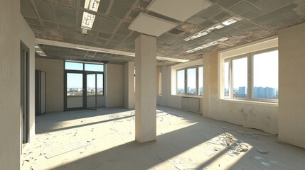 Renovated empty office space with natural light and unfinished interiors ideal for clinic or professional workspace design