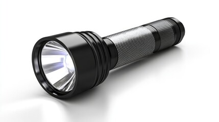 Black flashlight with metallic grip showcasing bright LED light isolated on white background for outdoor and emergency use.