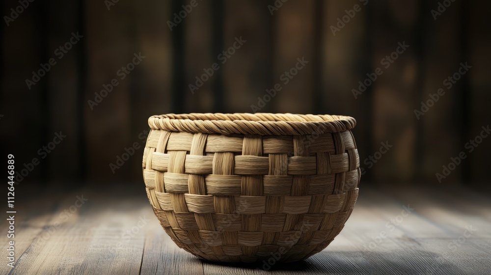 Poster wicker basket on wooden floor with dramatic lighting showcasing handcrafted design and empty space f