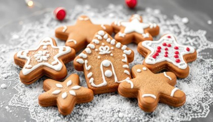 A festive arrangement of decorated gingerbread cookies on a snowy surface.