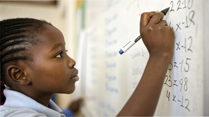 Focused young student solving math problems on classroom whiteboard