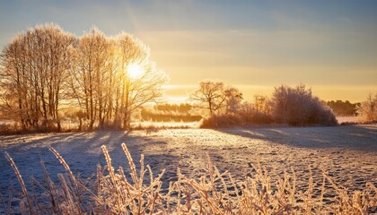  low winter sun, golden hour through frosty trees 