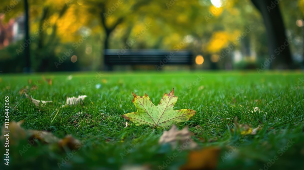 Poster autumn leaf on lush green grass in serene park setting with blurred background of trees and benches 
