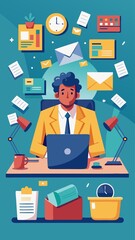 A man is sitting at a desk with a laptop and a clock