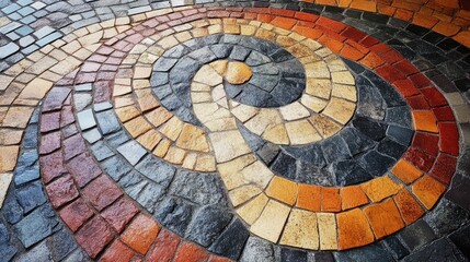 Fototapeta premium Mosaic floor design featuring vibrant colors and intricate spiral patterns for urban decoration and artistic architecture.