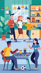 A group of people are playing a game of soccer in a room with a table and chairs