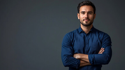 Fototapeta premium A modern businessman in a deep blue shirt, standing with his arms crossed against a gray backdrop.