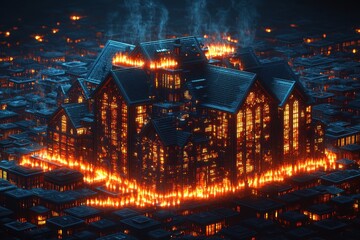 Fototapeta premium Burning Gothic Building in a Cityscape Digital Art