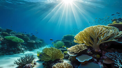 The underwater world of the coral reef is bright and beautiful with fish and algae, illuminated by the sun - a wonderful marine background.