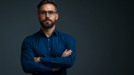 Fototapeta premium A modern businessman in a deep blue shirt, standing with his arms crossed against a gray backdrop.
