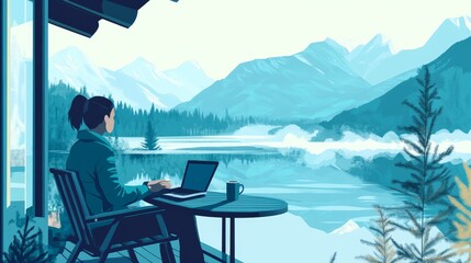 Obraz premium Serene Mountain View, Woman Working On Laptop, Beautiful Landscape, Calm Lake, Scenic Mountains And Forest