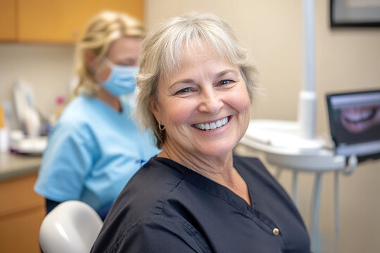 dentist in her cabinet and the assistant behind her. national day of the dentist. - Powered by Adobe
