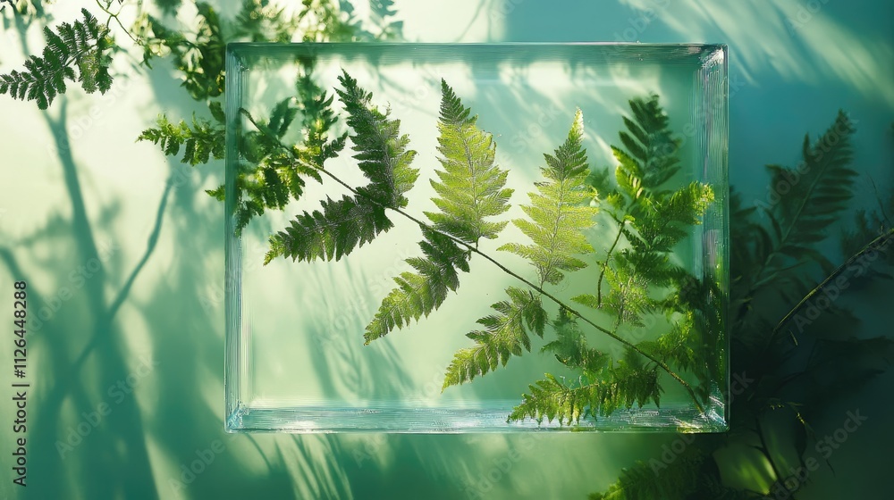 Poster preserved fern leaves displayed in a glass frame creating a tranquil botanical aesthetic on a soft g