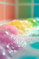 Fototapeta premium Foam in the bath with multi-colored lighting. Selective focus.