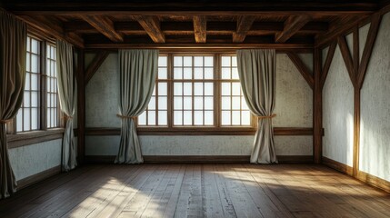 interior of empty half timbered house featuring large windows with panel curtains and wooden beams casting soft shadows on the floor