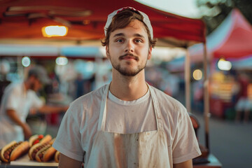 Fototapeta premium Generative AI Image of a Smiling Street Fast-Food Worker at Outdoor Food Stall Serving Hot Dogs