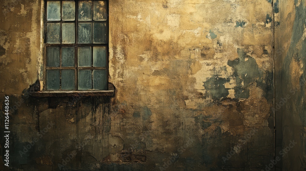 Poster textured wall with peeling paint and an old window creating a rustic and vintage atmosphere for info