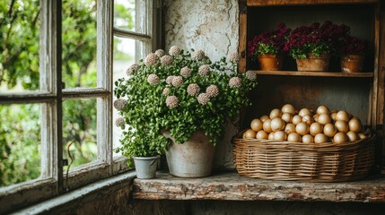 Rustic Spring Still Life Flowers Eggs Window Pot Basket Plants
